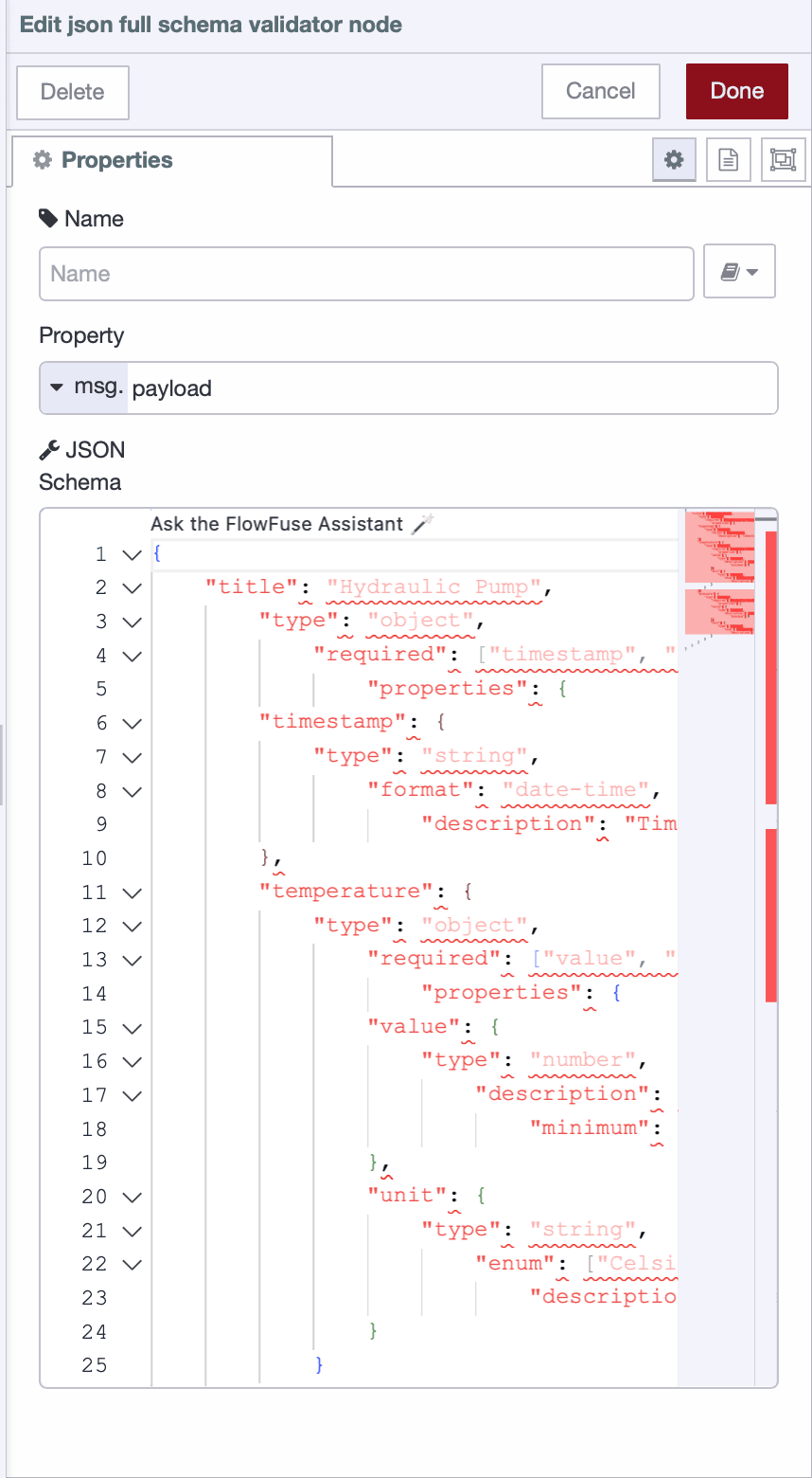 Configuring "JSON Full Schema Validator" node with JSON schema for our data 