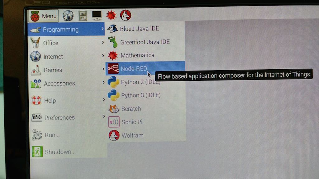 Screenshot of the Raspbian Jessie desktop menu showing Node-RED included by default with Scratch and Python on Raspberry Pi